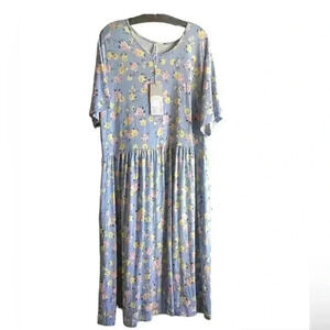 Poseshe NWT BLUE &yellow Floral Round Neck Short Sleeve Midi dress size 4XL